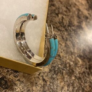Genuine Turquoise, handcrafted and sterling silver large hoop earrings